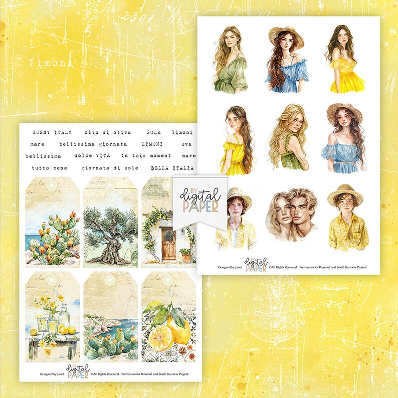 May include: A digital paper pack with illustrations of lemons, cacti, olive trees, and a door with a lemon tree. The paper pack also includes illustrations of people with long hair and hats. The text "SUNNY ITALY olio di oliva SOLE limont mare bellissima giornata LIMONI uva bellissima dolce VITA In this moment mare tutto bene giornata di sole BELLA ITALIA" is written on the paper pack.