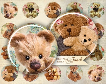 Teddy Bears - circles image - digital collage sheet - 1 x 1 inch - Printable Download