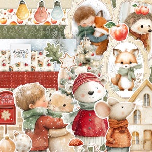 Può includere: Un collage di illustrazioni a tema invernale con un bambino che abbraccia una volpe, un orso con un cappotto rosso e un topo con un maglione arancione. Il design include elementi decorativi come un albero di Natale, ornamenti e il testo "by digital paper".