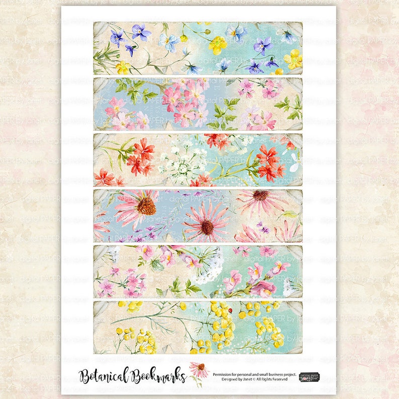digital collage set of 6 bookmarks Botanical Bookmarks printable JPG file