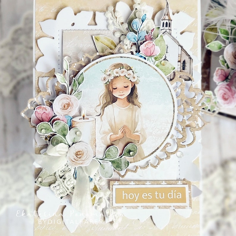 May include: A white card with a watercolor illustration of a girl in a white dress and a flower crown. The girl is holding her hands together in prayer. The card also has a white candle, flowers, and the text "hoy es tu dia" on it.