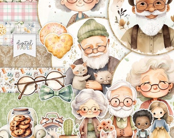 Grandparents Scrapbook Kit, Grandmother Grandfather Ephemera, Family Heritage Stickers, Cardmaking Toppers, Birthday Gift, Digital A4 JPG