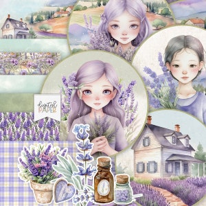 Sogni di lavanda - Kit Scrapbooking stampabili - Adesivi - Carta Scrapbooking - File d'arte - Progetto artigianale fai da te