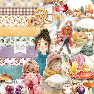 Temporada de otoño, Otoño acogedor, Kits de scrapbooking imprimibles, Frutas, Hongos, Manualidades de papel, Planificador, Papel imprimible, Imagen de niñas, Diario basura