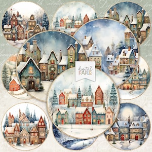 Kerstdorp, Cirkels 2,5 inch, Stickers, Junk Journal, Ephemera, DIY Craft, Kerstproject, Toppers, DIY Kerstdecoratie