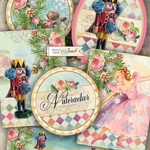 Quebra-nozes embelezado, folha de colagem digital, etiquetas para scrapbooking para impressão, coisas efêmeras de Natal, etiquetas vintage, etiquetas de inverno, artesanato DIY