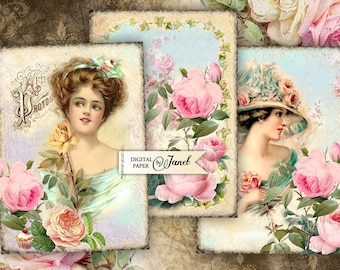 Vintage Cards, Cute Lady, printable ATC cards, junk journal, ephemera, scrapbooking supply, journal cards, vintage tags,