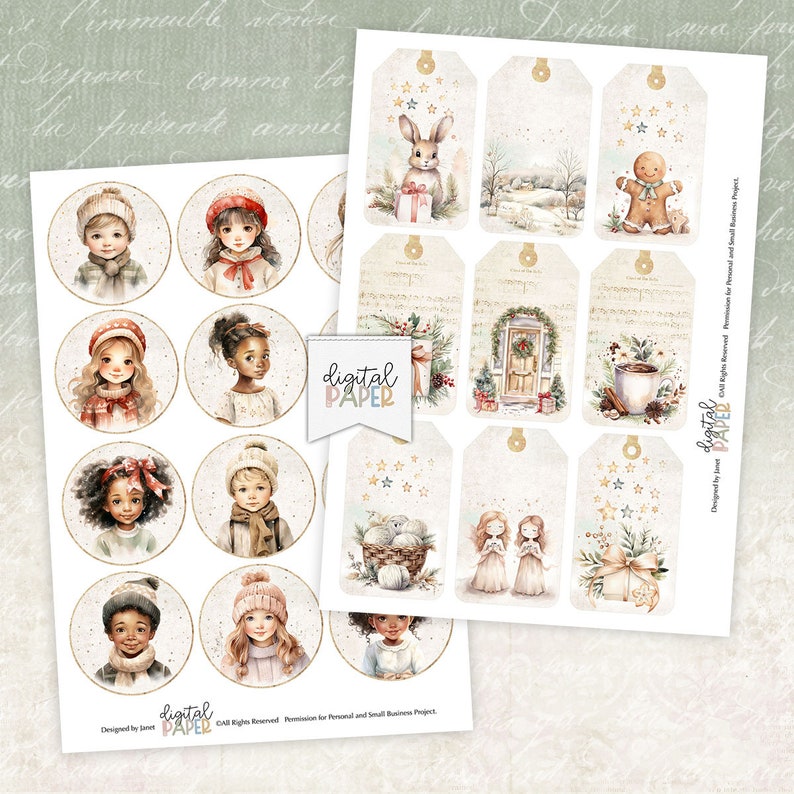 May include: A set of printable digital papers featuring winter-themed illustrations. The set includes images of children wearing winter clothing, a gingerbread man, a rabbit, a cup of hot cocoa, and a door with a wreath. The papers are designed for personal and small business projects.