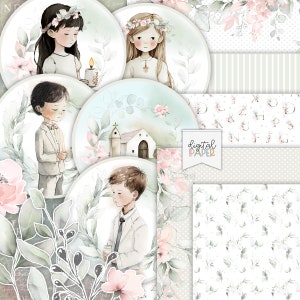 First Communion, GIRLS and BOYS, Printable scrapbooking Kits, Scrapbooking Paper, Ephemera, DIY Craft Project, Craft Supplies, Card Making image 1