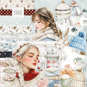 Navidad acogedora, páginas de planificador, kit para hacer álbumes de recortes, diario basura, efímeras, papel navideño imprimible, corte quisquilloso, invierno escandinavo, niña