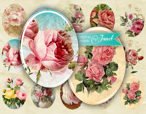 Digital Collage Sheet Download Images for Jewelry Ovals 30x40 mm FLOWERs