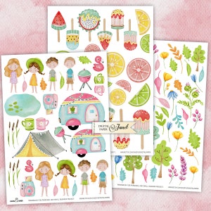 May include: A digital paper pack with watercolor illustrations of camping, summer, and nature. The illustrations include a camper, tent, trees, flowers, lemons, watermelon, popsicles, and children. The paper pack is perfect for scrapbooking, card making, and other craft projects.