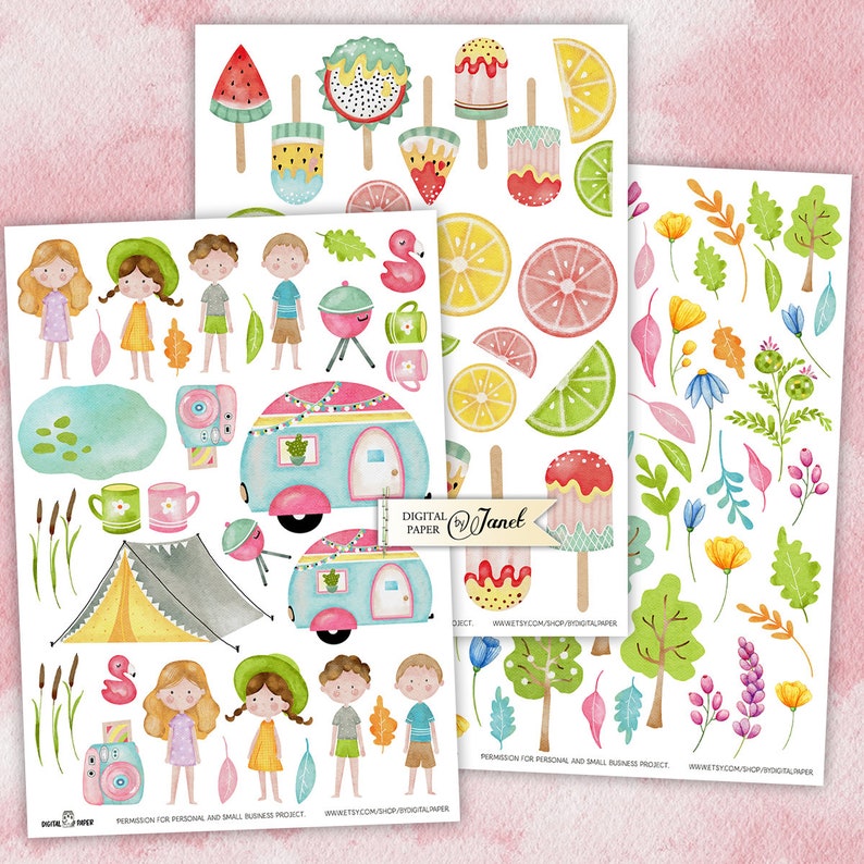 May include: A digital paper pack with watercolor illustrations of camping, summer, and nature. The illustrations include a camper, tent, trees, flowers, lemons, watermelon, popsicles, and children. The paper pack is perfect for scrapbooking, card making, and other craft projects.