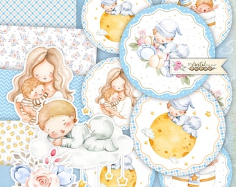 May include: A set of printable baby shower cupcake toppers featuring watercolor illustrations of a baby sleeping on a cloud, a baby on the moon, a mother holding a baby, and a baby in a bathtub. The toppers are decorated with stars, flowers, and a blue and white checkered pattern. The text "By Digital Paper" is included on one of the toppers.