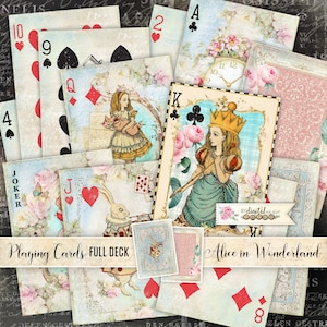 Alice au pays des merveilles, cartes à jouer imprimables, jeu de cartes complet, collage numérique, feuilles A4, Alice Ephemera, cartes vintage, image vintage Alice