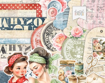 Sewing Secret Scrapbook Kit, Vintage PinUp Girls, Old Paper Ephemera, Ribbon Spools, Dressmaker Journal, Antique Tailor Art, Digital A4 JPG