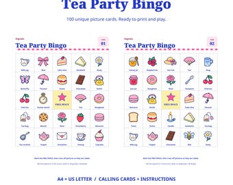 Tea Party Bingo Printable – 100 Unique Cards & Calling Cards, A4/US Letter PDF