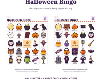 100 Halloween Bingo Cards, Printable Party Game for Kids and Adults (Digital Download)