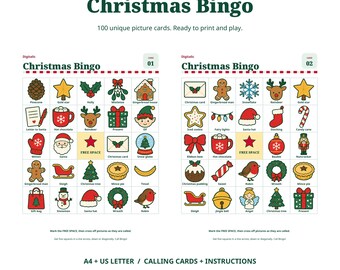 Christmas Bingo Cards, 100 Picture Cards, Party Game (Digital Download)