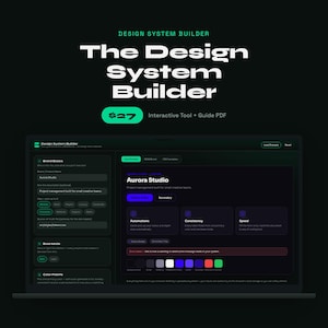 Puede incluir: Una interfaz digital titulada The Design System Builder mostrada en una pantalla, con un tema oscuro y acentos verdes. El diseño incluye campos de entrada para los conceptos básicos de la marca, paletas de colores y un panel central.