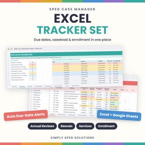 以下が含まれることがあります： SPEDケースマネージャー向けのExcelトラッカーセット。学生の締め切り、ケースロードデータ、登録状況を追跡する期限ダッシュボードが含まれています。インターフェースには、アラート用の色分けされた行や、年次レビュー、再評価、サービス用のタブが備わっています。