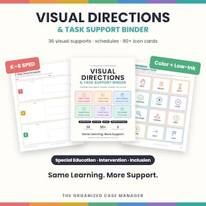 Peut inclure: Un ensemble de classeur de directions visuelles et de soutien aux tâches comprenant une page de couverture, une fiche de planning visuel en 3 étapes et des cartes de soutien avec icônes. Inclut 36 supports visuels et 90+ cartes icônes.