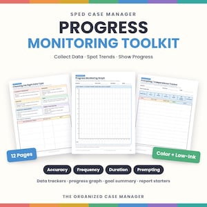 Può includere: Un kit di strumenti di monitoraggio dei progressi per gestori di casi SPED con 12 pagine di tracker dati, un grafico di progressione e un tracker di indipendenza. I documenti includono sezioni per precisione, frequenza, durata e suggerimenti.