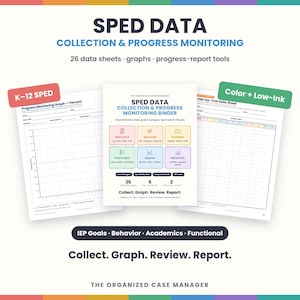 Könnte beinhalten: Eine digitale Sammlung von SPED-Datenblättern und Fortschrittsüberwachungstools für die K-12-Bildung. Das Set enthält 26 druckbare Datenblätter, Diagramme und Berichtsvorlagen zur Verfolgung von IEP-Zielen, Verhalten und akademischen Leistungen.