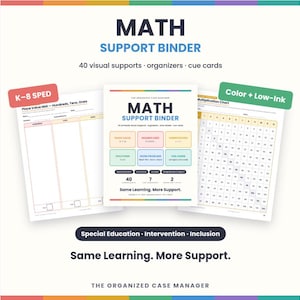 May include: A math support binder resource featuring 40 visual supports, organizers, and cue cards. The cover displays the title MATH SUPPORT BINDER with sections for place value, number lines, computation, fractions, and word problems.