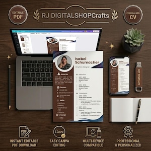 May include: A digital resume template set featuring a laptop displaying a CV, a printed resume page for Isabel Schumacher, a smartphone, a USB drive, and a notebook with a pen. The design includes brown and dark blue accents with text.