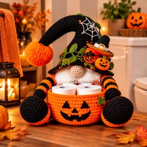 Könnte beinhalten: Eine gehäkelte Halloween-Gnom-Figur mit einem hohen schwarzen Hut, der mit einem weißen Spinnennetz, grünen Ranken und kleinen Kürbissen verziert ist. Der Gnom hat einen weißen Bart, orange-schwarz gestreifte Arme und hält einen Kürbiskorb.