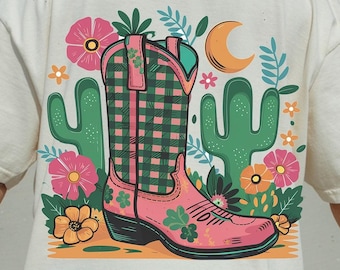 Boho cowgirl boot and flowers PNG, retro flower png, retro western png, boho western png, floral png, boho floral png , summer png