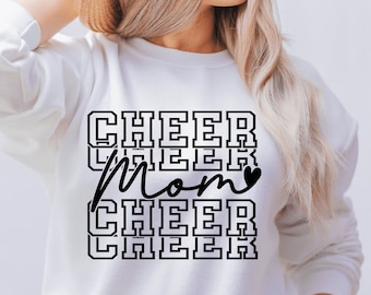 May include: White sweatshirt with black text that reads "Cheer Mom Cheer Cheer" with a small heart symbol.