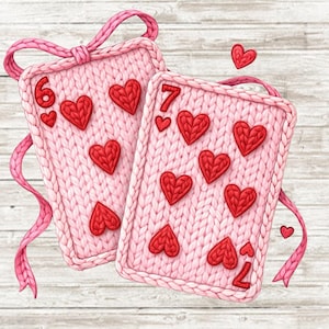 May include: Digital download graphic of two pink knitted playing cards, a six and a seven of hearts, with red heart accents. The cards are tied together with a pink ribbon. The words "DIGITAL DOWNLOAD" are at the bottom.