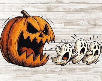 Spooky Season Halloween PNG, Funny Pumpkin Chasing Ghost Shirt Design, Retro Halloween Sublimation, Digital Download Clipart