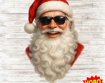 Cool Retro Santa Face PNG, Hipster Christmas Clipart with Sunglasses, Trendy Holiday Shirt Sublimation Design, Funny Santa Art Download
