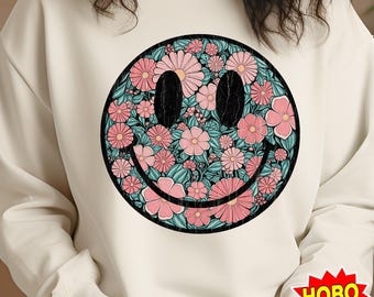 Retro Happy Flowers PNG , Vintage Sublimation Distressed Shirt Design, Groovy Boho Smile Daisy, DTF Transfer for T-Shirts