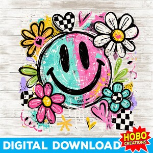 May include: A digital download graphic featuring a smiley face split vertically with turquoise and pink. The design includes flowers, hearts, and checkered patterns. The text "DIGITAL DOWNLOAD" is at the bottom, with "HOBO CREATIONS" in a red starburst.