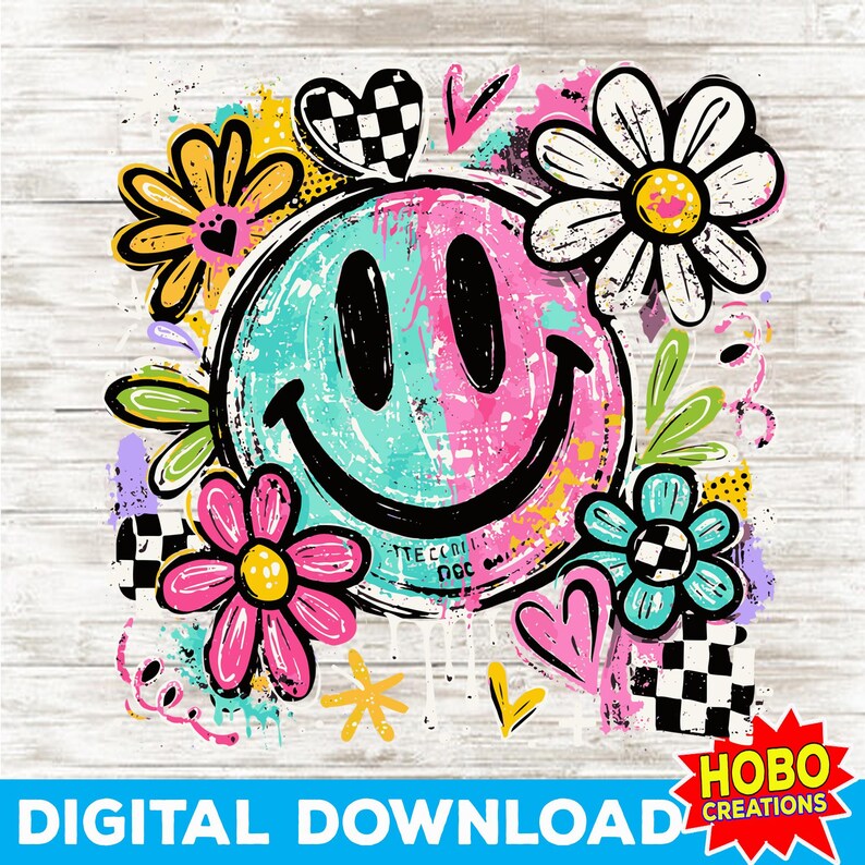 May include: A digital download graphic featuring a smiley face split vertically with turquoise and pink. The design includes flowers, hearts, and checkered patterns. The text "DIGITAL DOWNLOAD" is at the bottom, with "HOBO CREATIONS" in a red starburst.