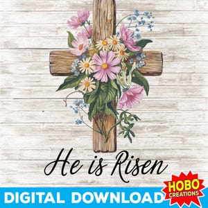Pasen wilde bloemen kruis png, hij is verrezen sublimatie, bloemen kruis digitale download, christelijke pasen png, clipart leeg graf, houten kruis