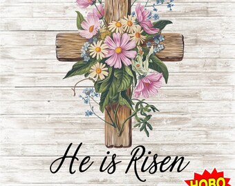 Cruz de flores silvestres de Páscoa PNG, Ele ressuscitou Sublimação, Download digital de cruz floral, Páscoa cristã PNG, Clipart de túmulo vazio, Cruz de madeira