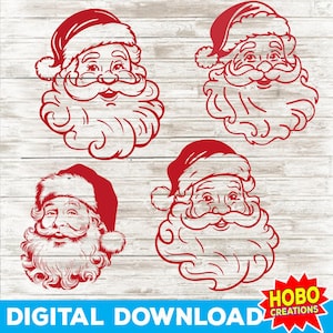 Bundle vintage père Noël SVG, Clipart père Noël Old School, père Noël rétro visage SVG, SVG père Noël Noël, drôle de tête de père Noël Noël