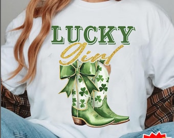 Lucky Girl PNG, St Patrick's Day Cowboy Boots png, Green Shamrock Bow png, Western Irish Sublimation, Retro St Patrick day Png,Irish Png