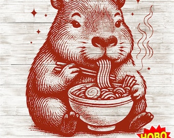 Capybara Ramen PNG – Cute Cozy Animal Eating Noodles Digital Download, Funny Capybara Illustration, Kawaii Food Art for Shirt Sublimation