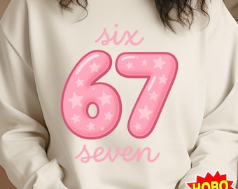 67 Six Seven Png Datei Pink Star Geburtstag Zahl Design Cute Kinder Meilenstein Sublimation für T-Shirts Tassen Digitaler Download