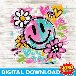 May include: A colorful digital download design featuring a smiley face with pink and teal hues, surrounded by flowers, hearts, and paint splatters. The design includes the text "DIGITAL DOWNLOAD" and the Hobo Creations logo.