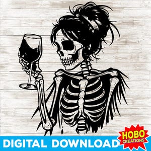 Può includere: Illustrazione in bianco e nero di uno scheletro con un chignon nei capelli che tiene un bicchiere di vino. Lo scheletro indossa un semplice vestito.