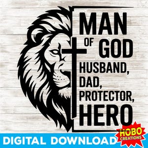 Man Of God svg png, Christian Dad Shirt svg, cadeau pour mari, chemise fête des pères, verset de la Bible svg, svg papa lion, croix chrétienne svg