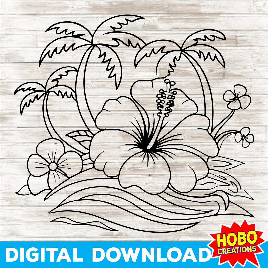 Tropical Hibiscus Flowers Beach Scene SVG, Palm Trees Cut File for ...