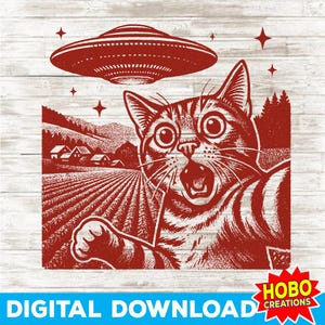 Pode incluir: Gráfico de download digital vermelho com um gato surpreso olhando para um OVNI. A imagem inclui uma paisagem rural com campos e casas. O texto na parte inferior diz "DOWNLOAD DIGITAL" e "HOBO CREATIONS".